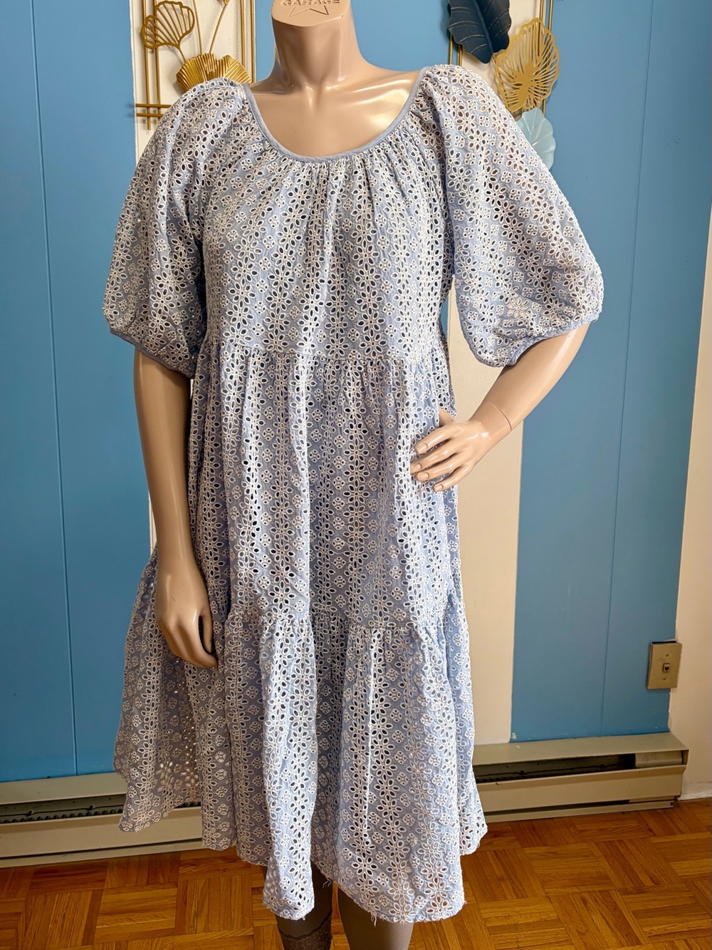 Joe Fresh Light Blue Eyelet Tiered Puff-Sleeve Midi Dress